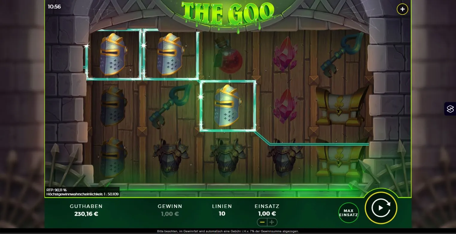 The Goo Slot Ingame mit Schleim-Charakter, leuchtenden Symbolen und aktiven Gewinnlinien