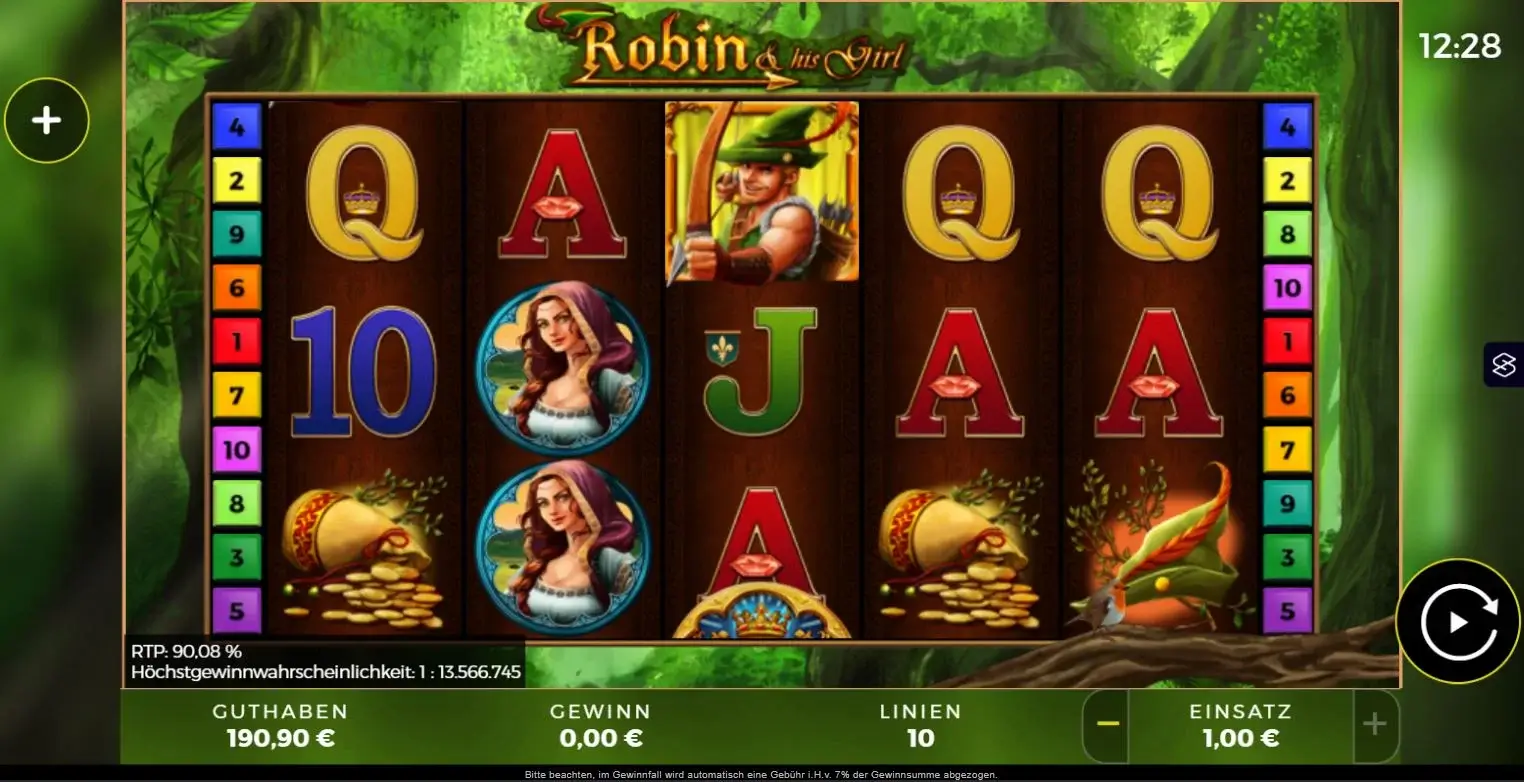 Ingame-Ansicht des Slots Robin & His Girl mit Robin-Hood-Motiven