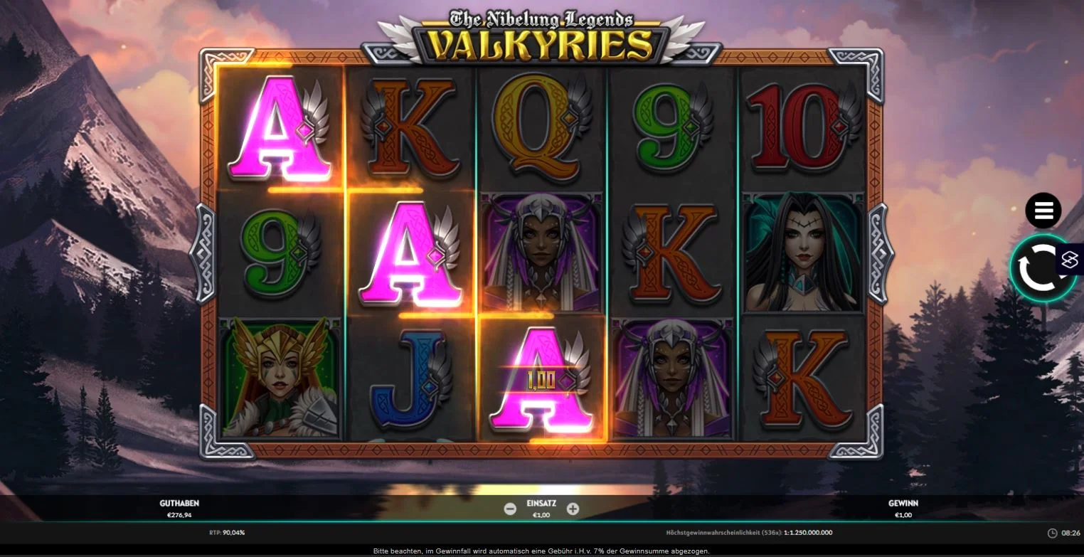 Valkyries The Nibelung Legends Ingame mit leuchtenden Symbolen und aktiver Gewinnkombination