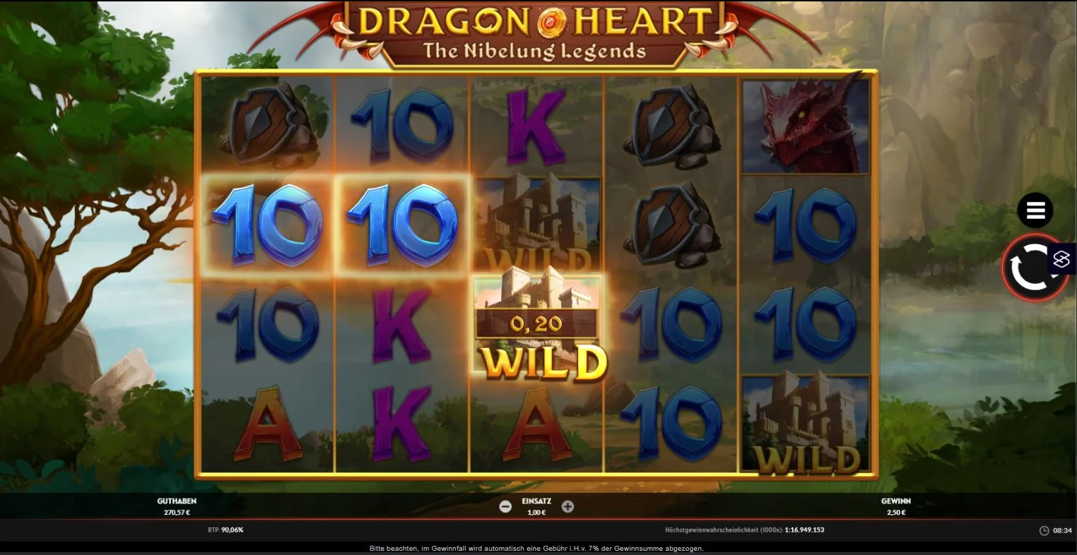 Dragonheart Slot Ingame mit Drachen, Wild-Symbolen und aktiven Gewinnlinien