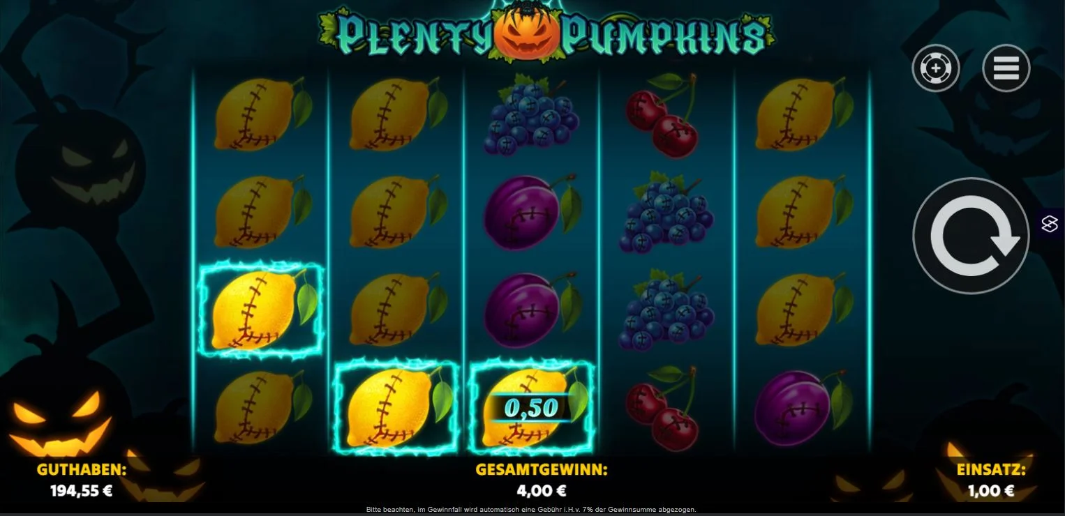 Ingame-Ansicht des Slots Plenty Pumpkins mit Kürbissen und Früchtesymbolen
