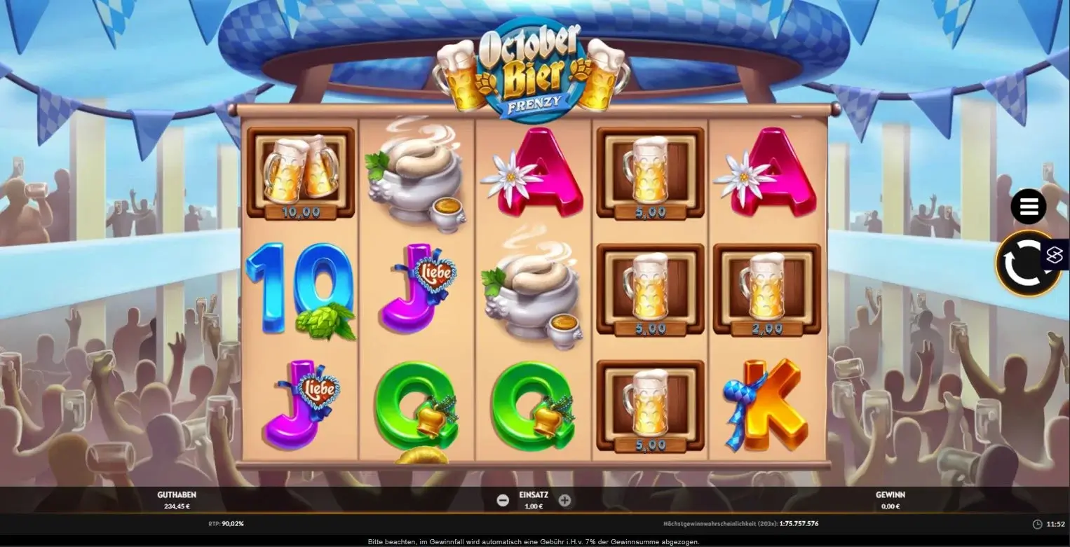 Ingame-Ansicht des Slots October Bier Frenzy mit Bierkrügen und Symbolen