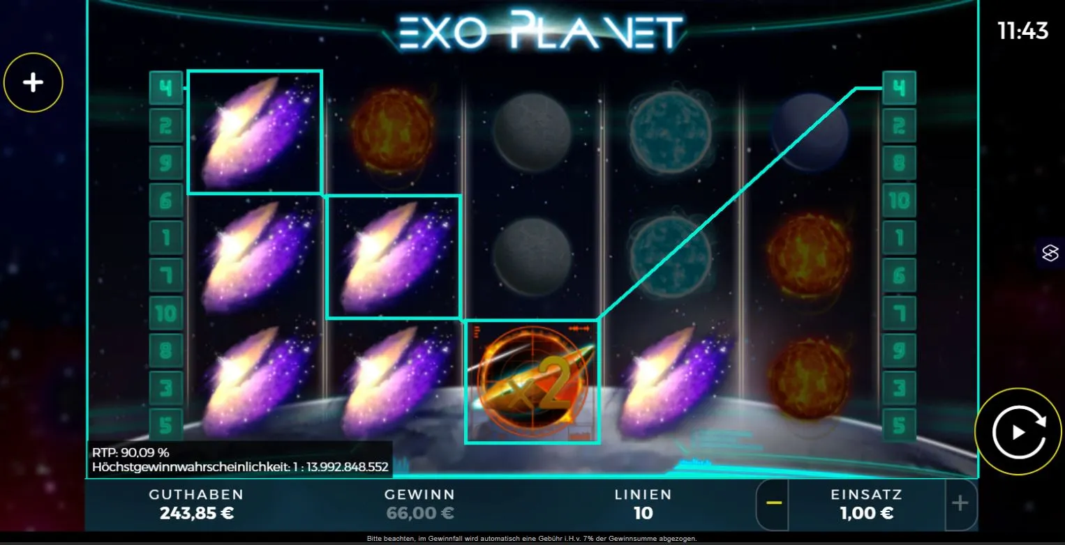 Exo Planet Online Slot Ingame Ansicht mit Planeten Symbolen, 10 Linien, 1,00 Euro Einsatz und Gewinnanzeige