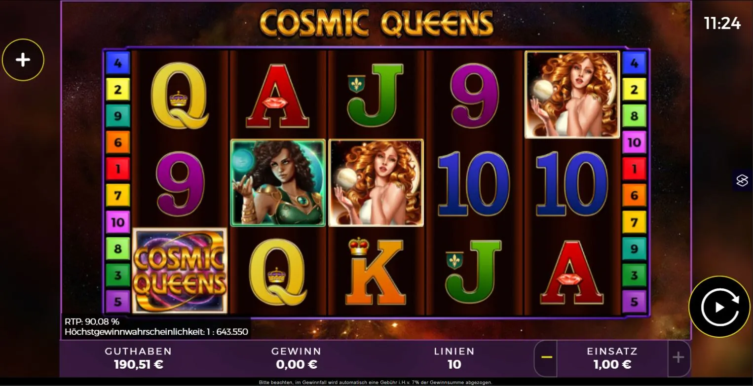 Cosmic Queens Online Slot Ingame mit 5 Walzen, 10 Linien, Königin Symbolen und 90,08 Prozent RTP