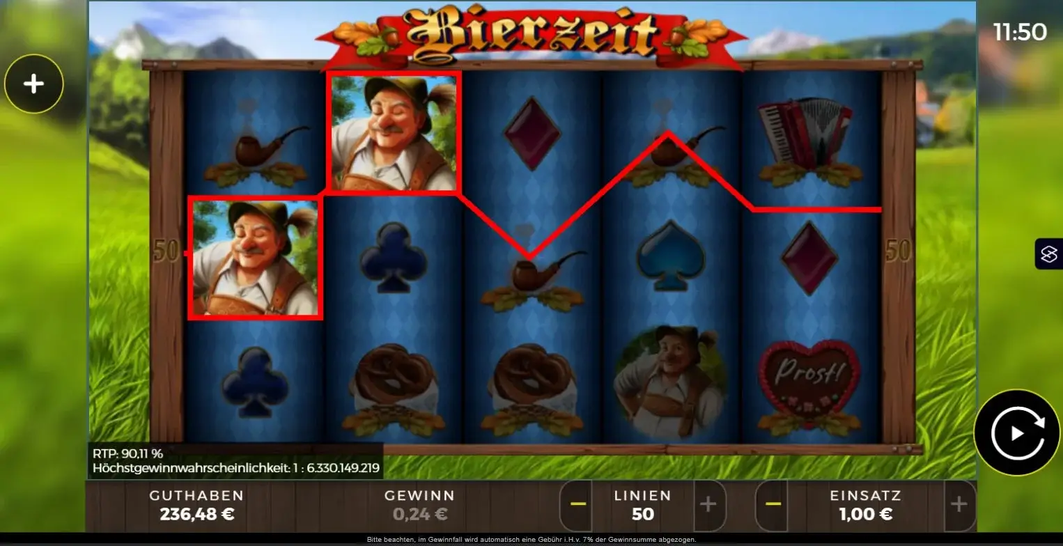 Ingame-Ansicht des Slots Bierzeit mit Wirt, Bierkrügen und markierter Gewinnlinie