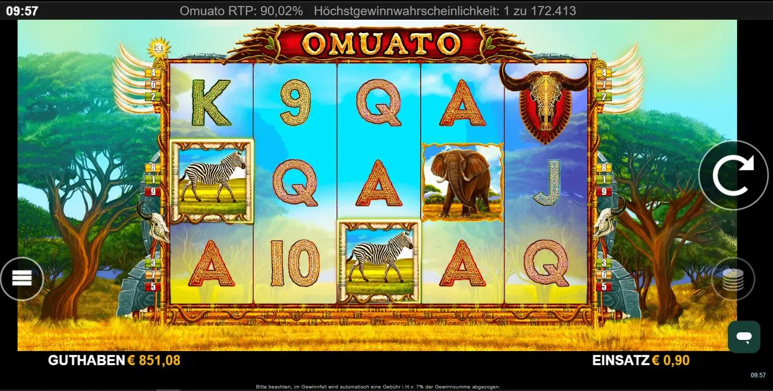 Screenshot vom Omuato Slot mit Tiersymbolen wie Zebras, Elefanten und afrikanischem Design.