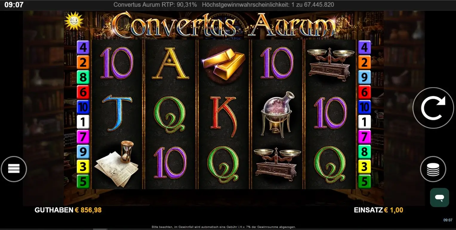 Ingame-Screenshot des Online Slots Convertus Aurum mit Walzen und Gewinnlinien