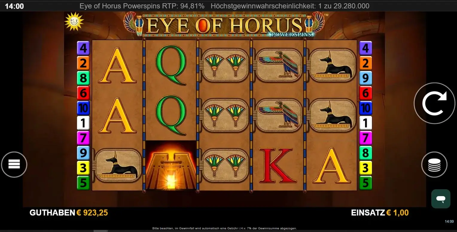 Screenshot des Eye of Horus Power Spins Slots mit ägyptischen Symbolen und Walzen