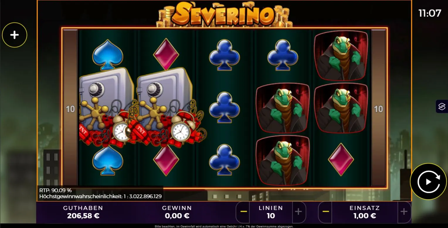 Severino Slot Ingame mit Gangster-Thema, 5 Walzen, 10 Gewinnlinien und Symbolkombinationen