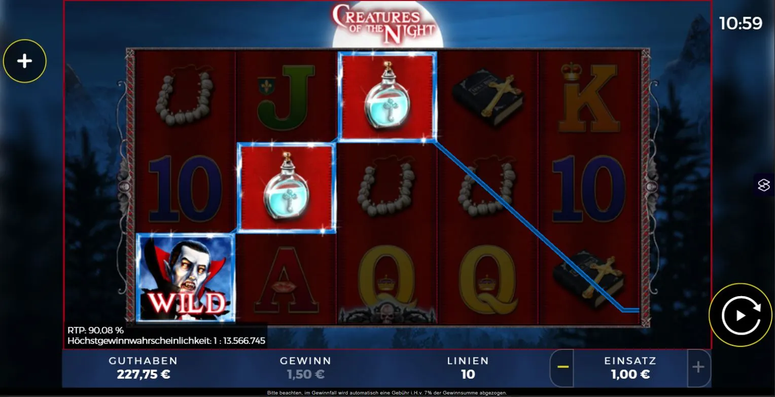 Creatures of the Night Ingame mit Vampir-Motiv, Wild-Symbol und aktiver Gewinnlinie