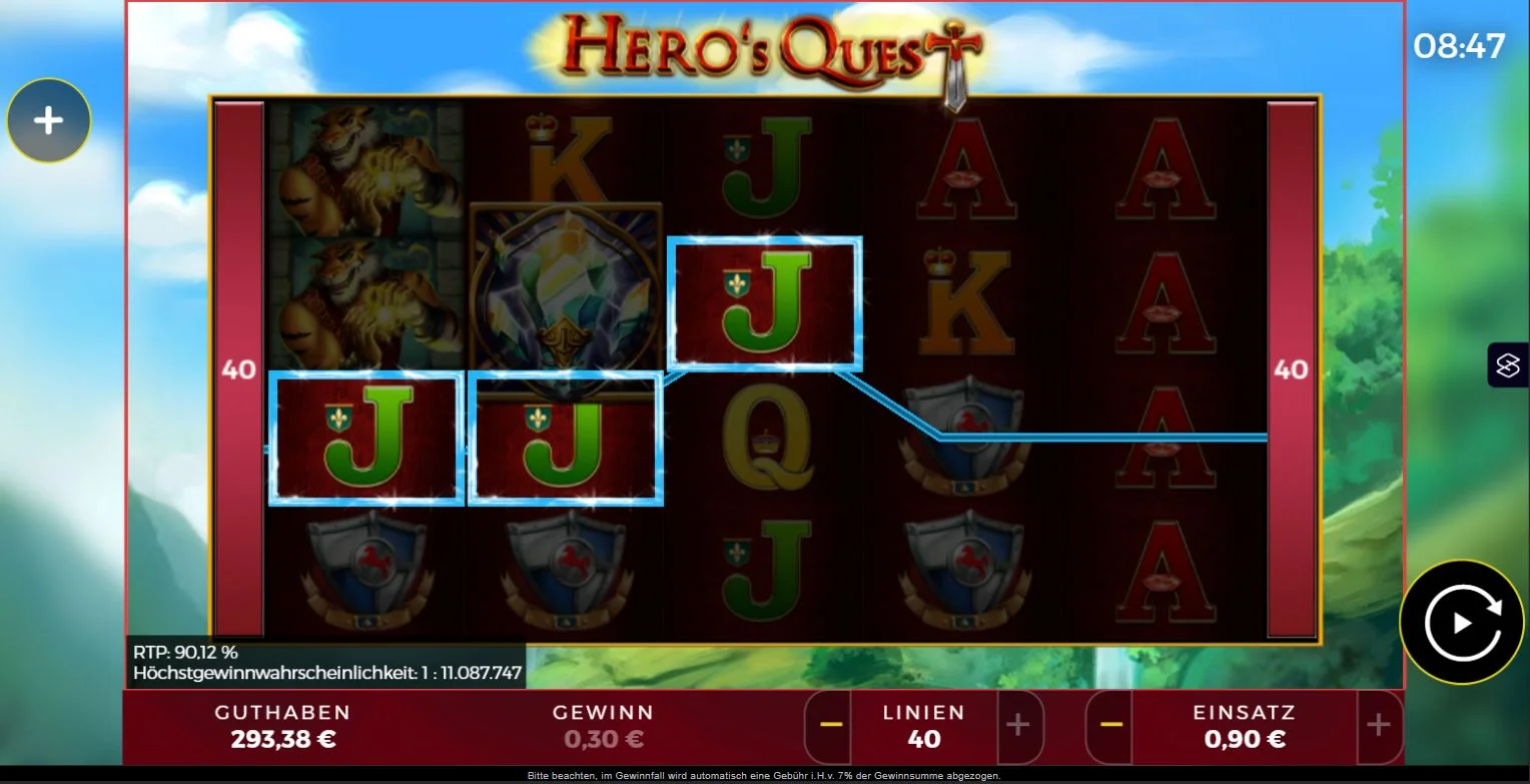 Hero’s Quest Ingame mit Helden-Symbolen, 40 Linien und aktiver Gewinnkombination