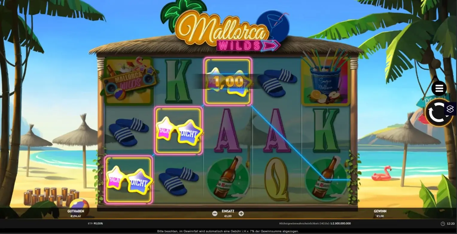 Ingame-Ansicht des Slots Mallorca Wilds mit Strandmotiven und Wild-Symbolen
