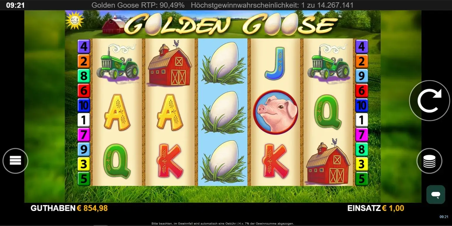 Screenshot des Golden Goose Slots mit Walzen, Bauernhof-Symbolen und Gewinnlinien