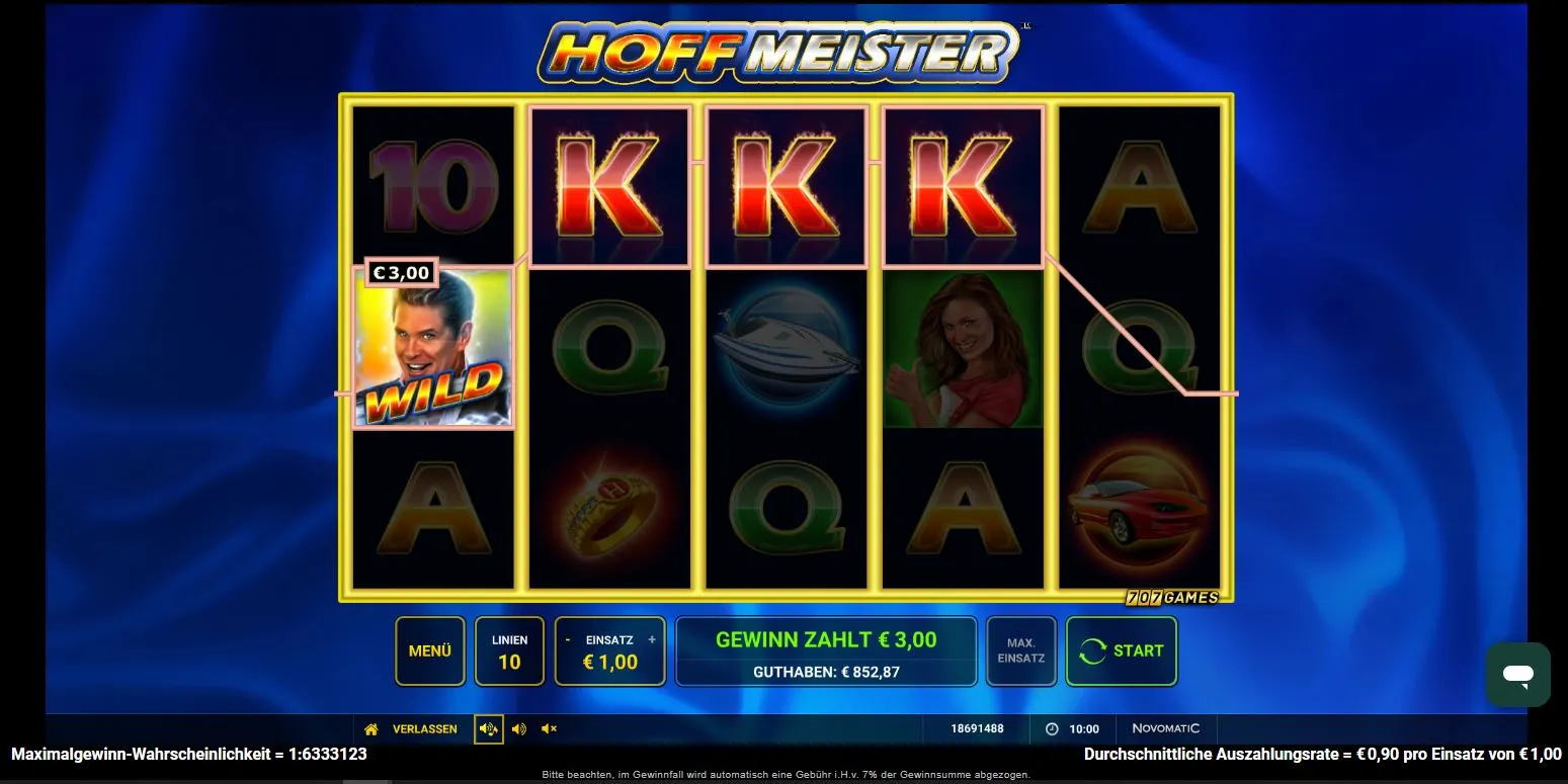 Screenshot vom Hoffmeister Online Slot mit Wild-Symbol und 3€ Gewinnanzeige