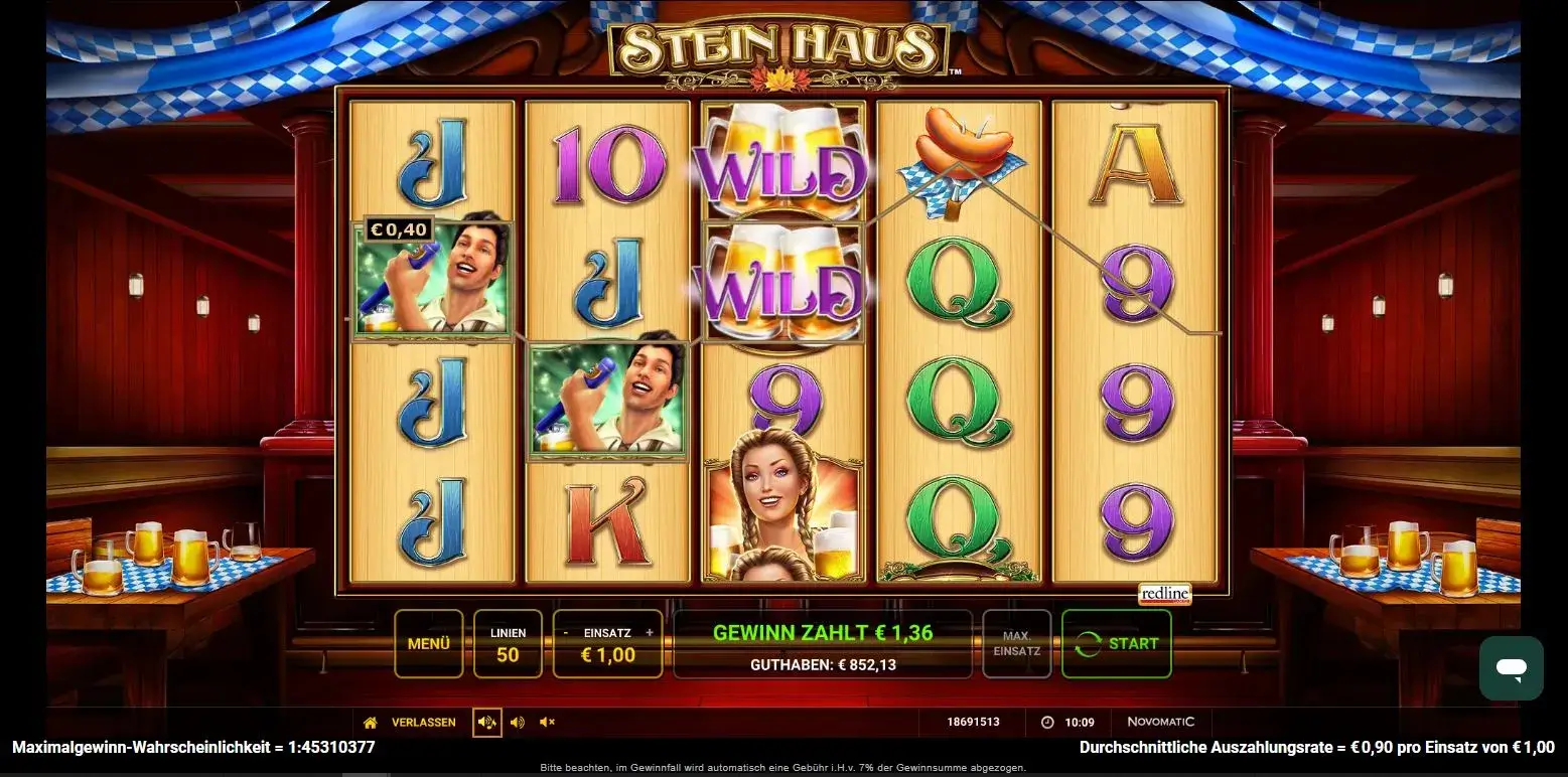 Screenshot des Stein Haus Slots mit Walzen, Wild-Symbolen, Bierkrügen und Gewinnanzeige im Spiel.