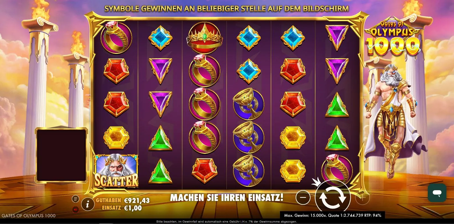 Spielszene aus Gates of Olympus 1000 mit Zeus und farbigen Symbolen auf den Walzen