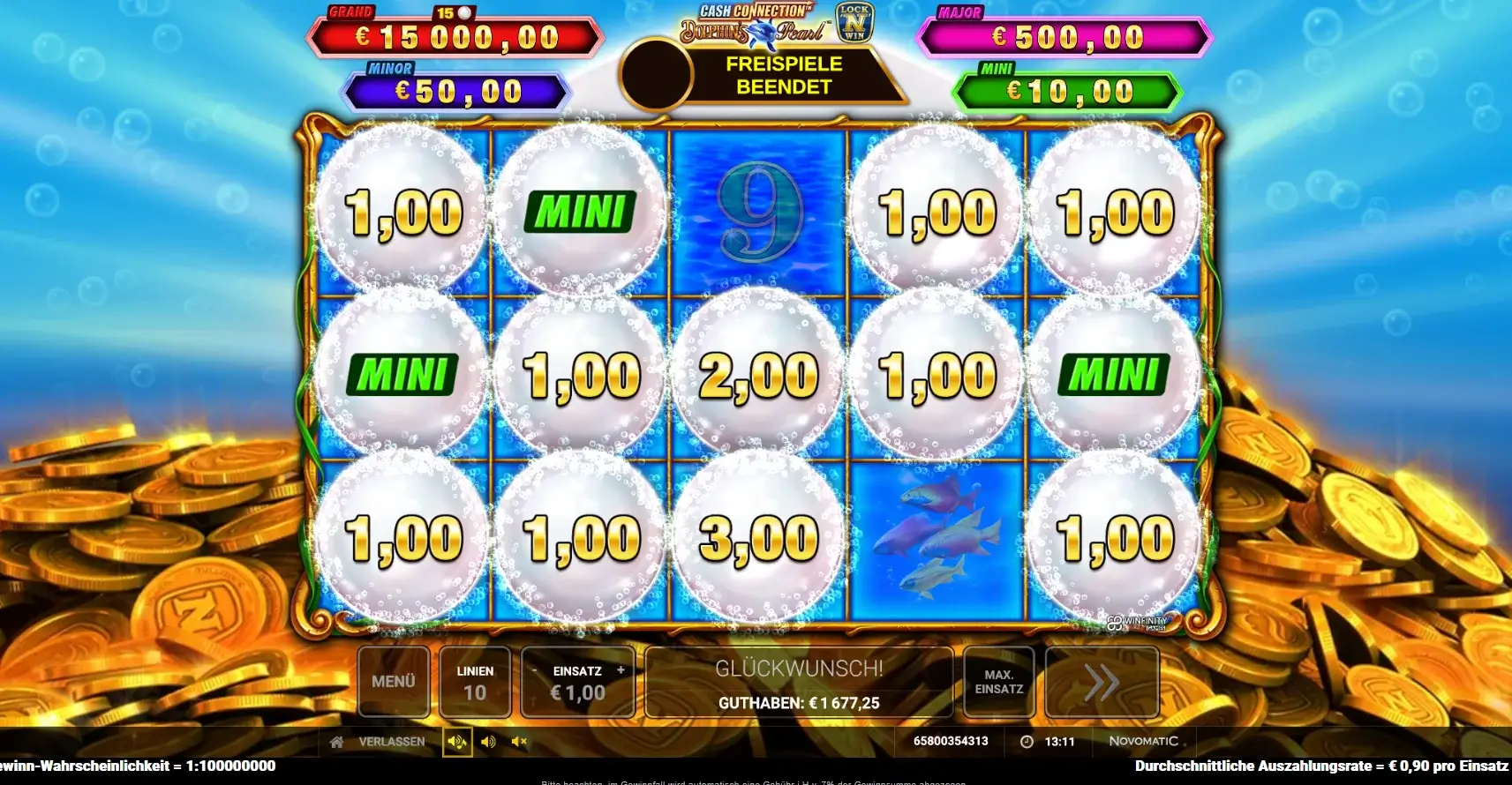 Endbildschirm der Freispiele im Slot Cash Connection Dolphin's Pearl mit Lock-&-Spin-Geldsymbolen und Jackpot-Anzeige.