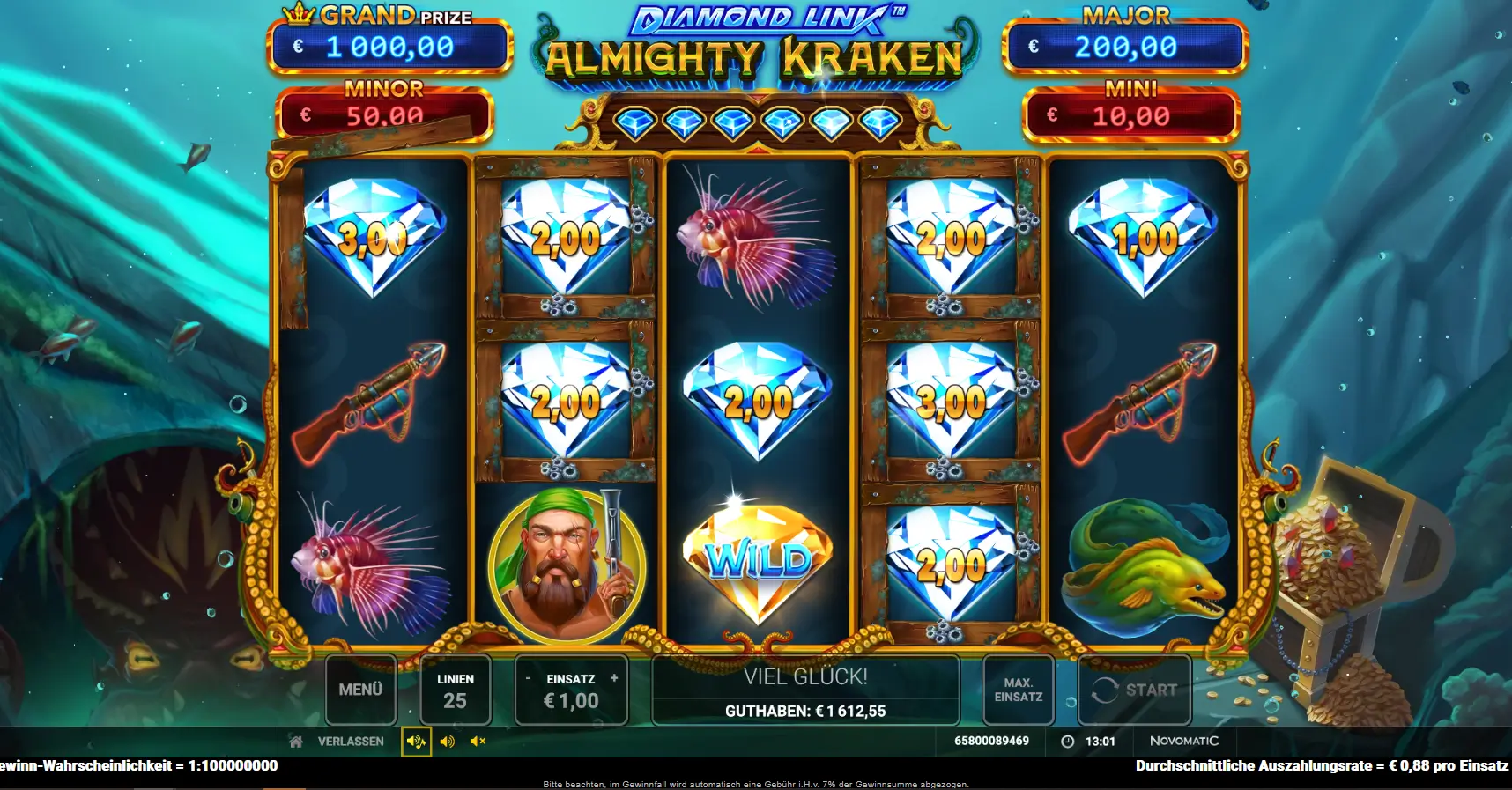 Gameplay des Slots Diamond Link Almighty Kraken mit aktivierter Diamond-Link-Bonusfunktion, Diamanten und Jackpot-Anzeige.