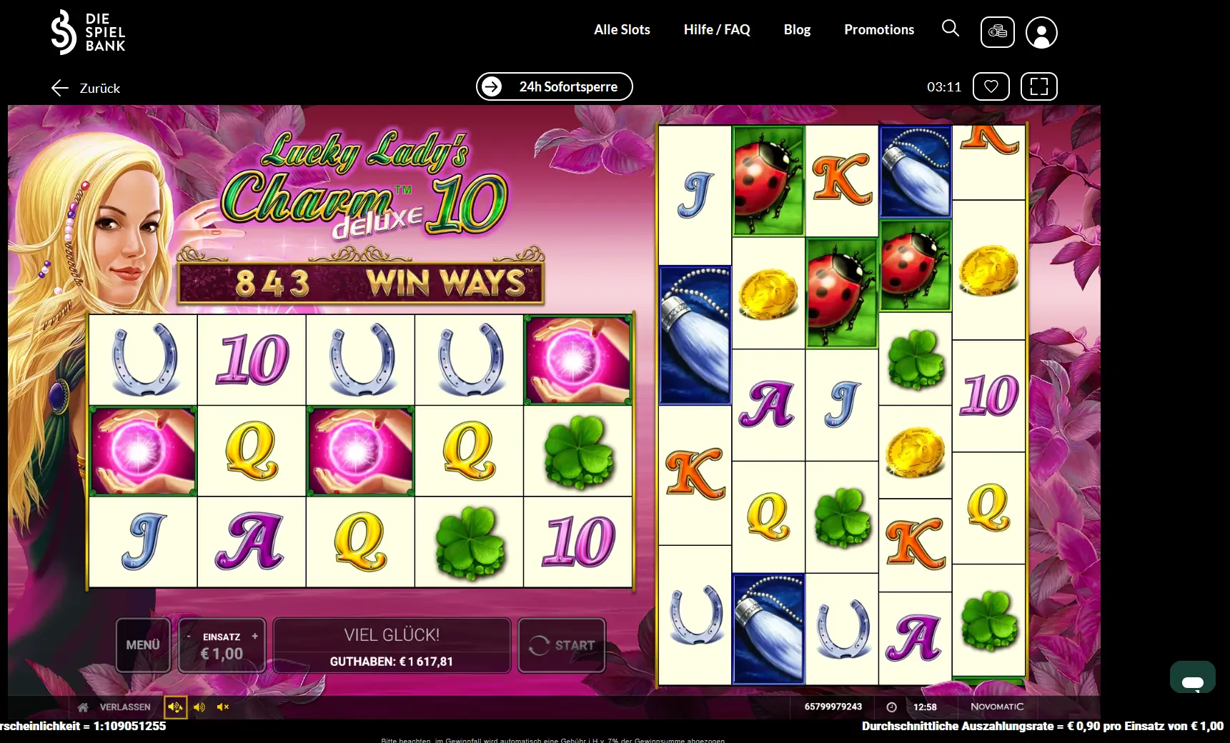 Spielszene des Novoline Slots Lucky Lady's Charm Deluxe 10 Win Ways mit 843 Win Ways, Glückssymbolen und aktiver Spieloberfläche.