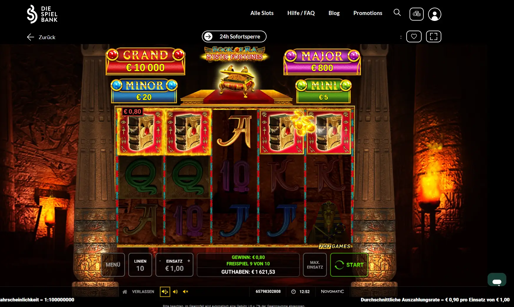 Gameplay des Slots Book of Ra Mystic Fortunes während der Freispiele mit Geldsymbolen, Jackpot-Anzeige und Bonusfeature.