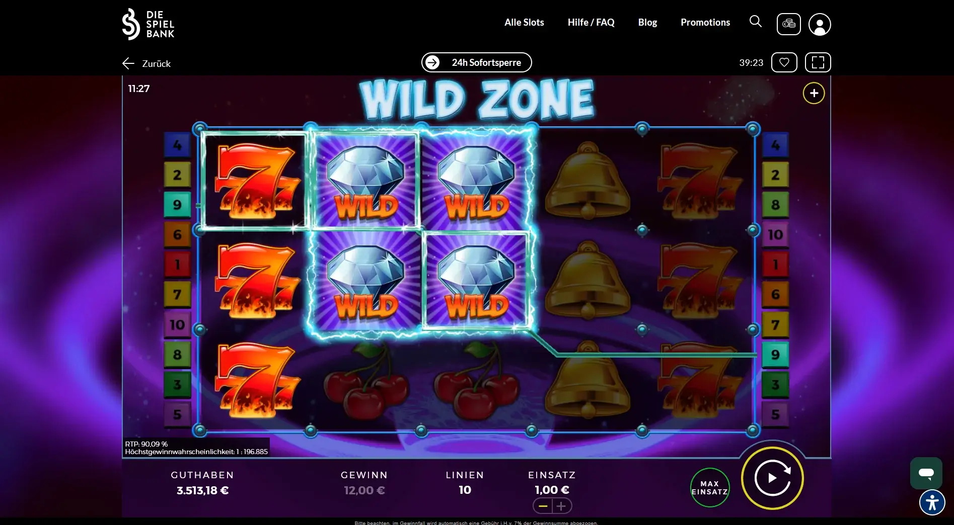 Wild Zone Slot Ingame mit Diamant-Wilds und aktivierter Wild-Zone