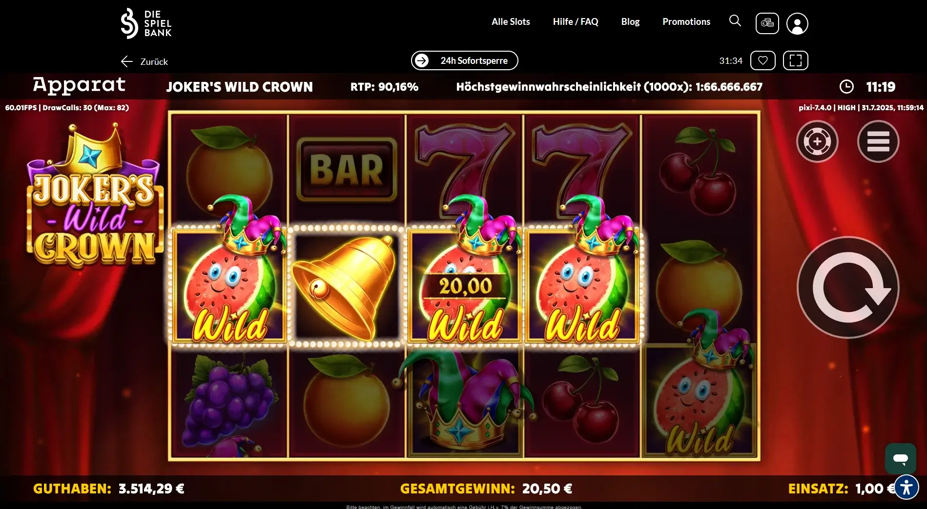 Joker’s Wild Crown Slot Ingame mit Joker-Wilds und Fruchtsymbolen