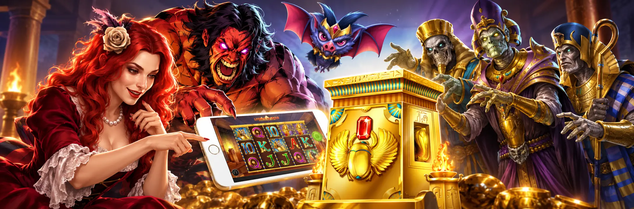 Breites Banner zur Play’n GO Aktion mit einer Frau am Slot auf einem Tablet, einem Monster, einer Fledermaus und ägyptisch gestalteten Figuren.