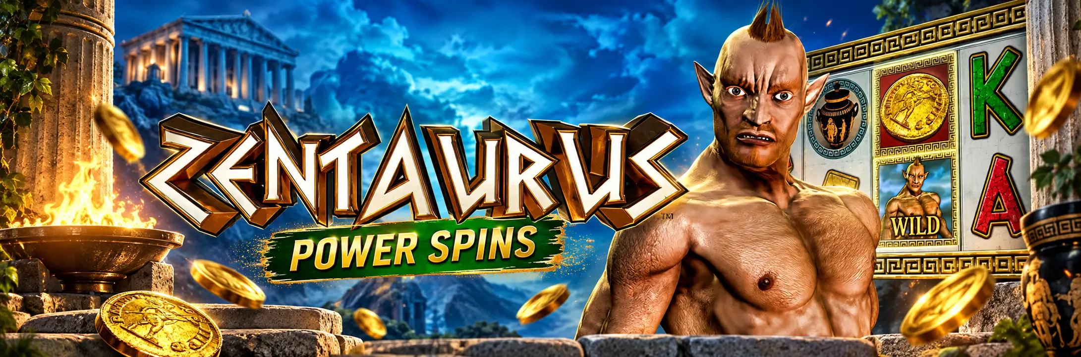 50 Freispiele für Zentaurus Power Spins zum Freispiel-Pass Q4 2026 Banner zum Slot Zentaurus Power Spins mit Zentaur, griechischem Tempel, Goldmünzen und Spielwalzen.