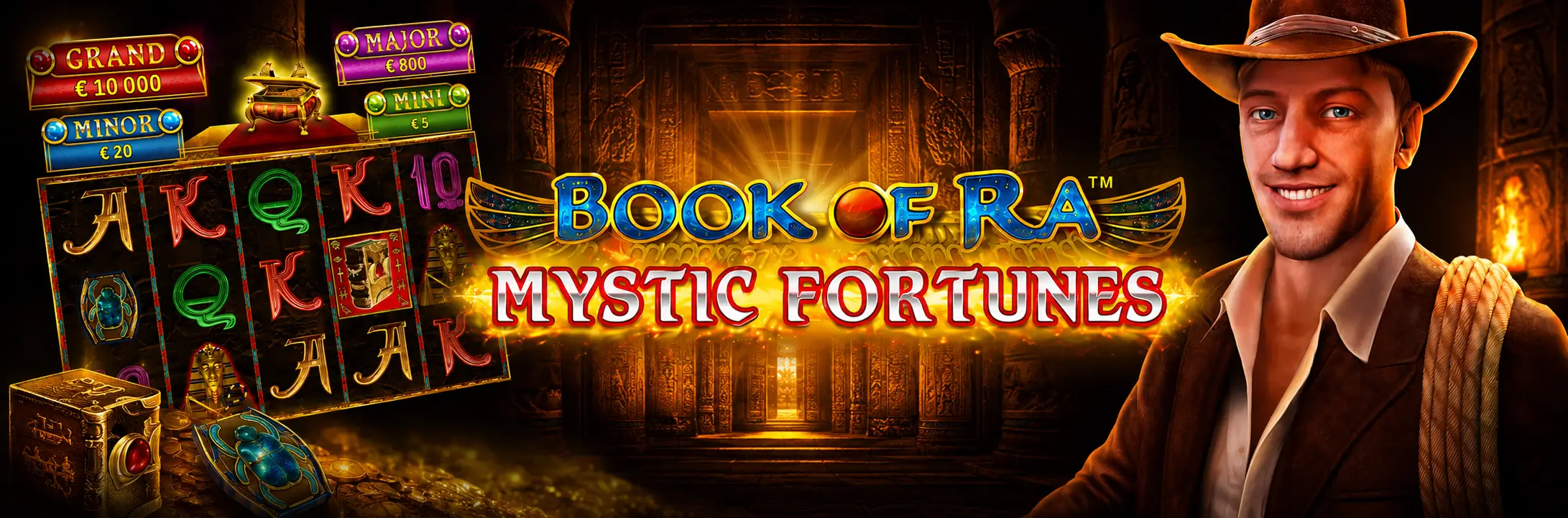 Greentube Slot Book of Ra Mystic Fortunes mit leuchtendem Logo, Spielwalzen, Schatztruhe und ägyptischer Tempelkulisse.