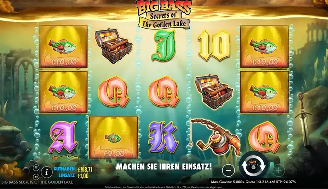 Ingame-Ansicht vom Big Bass Secret of the Golden Lake Slot mit Fisch-Symbolen und Schatzkisten