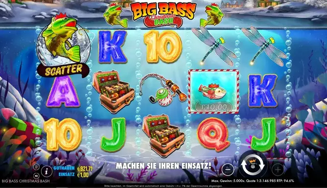 Screenshot vom Big Bass Christmas Bash Slot mit Weihnachtsmotiven wie Schneelandschaft, Angler und Fisch-Symbolen