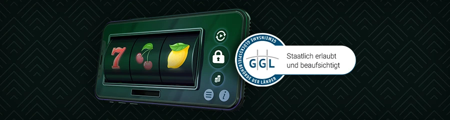 GGL-Siegel neben Spielautomatenanzeige mit Früchten und Zahlen