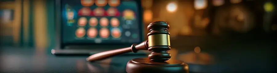 Richterhammer vor Laptop mit Online Casino im Hintergrund