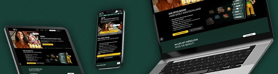 Laptop, Tablet und Smartphone mit DIE SPIELBANK-Webseite