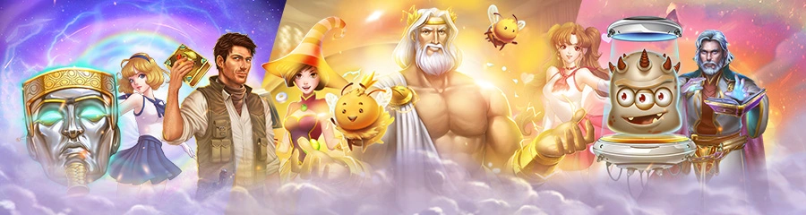 Collage aus bekannten Slot-Charakteren wie Abenteurer, Zeus, Hexe und Reactoonz-Monster vor buntem Himmel als Hinweis auf Casino-Turniere