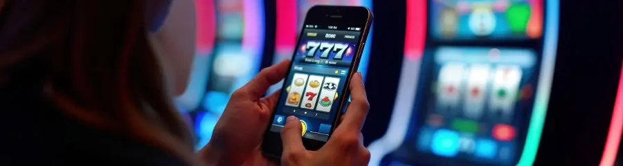 Spielerin hält Smartphone mit Online-Slotspiel vor Spielautomaten