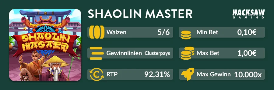 Shaolin Master Slot Übersicht mit RTP 92,31 %, Einsätzen und maximalem Gewinn
