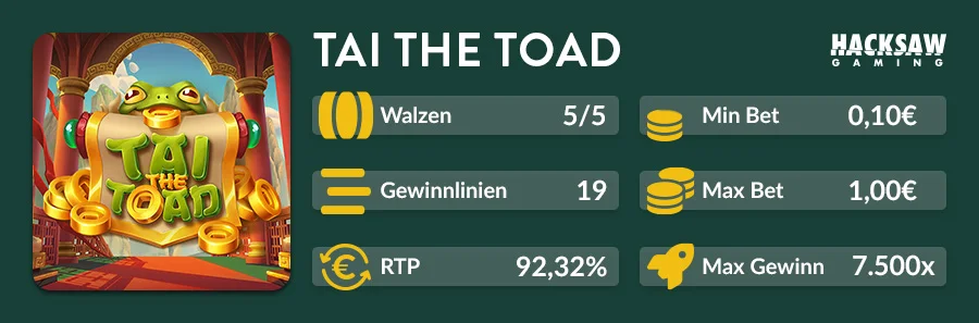 Tai the Toad Slot Übersicht mit 5x5 Walzen, RTP 92,32 % und max Gewinn