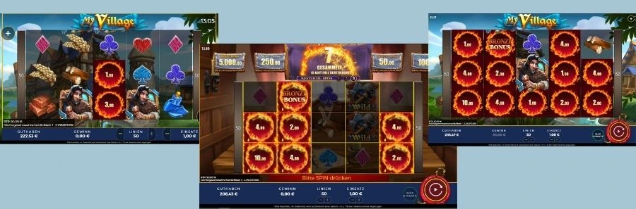 Ingame-Szene des My Village Slots mit Bonusfeldern und Gewinnanzeige