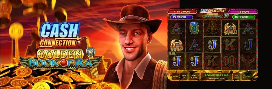 Screenshot des Spielautomaten „Cash Connection Golden Book of Ra“ mit Forscherfigur, goldenen Münzen und Spielsymbolen im ägyptischen Design.