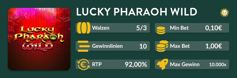 Lucky Pharaoh Wild Slot mit 5 Walzen, 10 Linien und 92 % RTP.