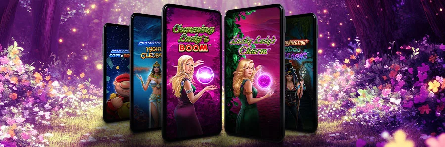 Banner mit den neuen Greentube Bonusfeature Slots Charming Lady's Boom, Lucky Lady's Charm Win Ways, Diamond Link Mighty Cleopatra und Cash Connection Voodoo Magic bei DIE SPIELBANK