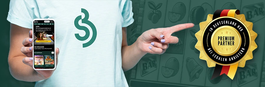Person hält Smartphone mit Online-Spielbank-App und zeigt auf ein Premium-Partner-Siegel für legale Anbieter in Deutschland.