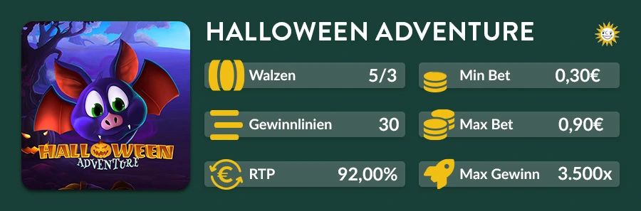 Halloween Adventure Slot mit 5 Walzen, 30 Linien und 92 % RTP.