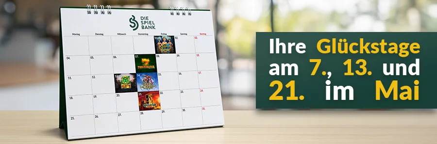 Kalender mit markierten Casino-Glückstagen am 1., 7., 13., 14. & 21. Mai 2026