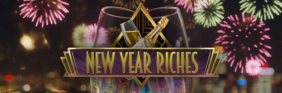 New Year Riches Slot mit Feuerwerk, Champagnergläsern und festlicher Casino-Atmosphäre