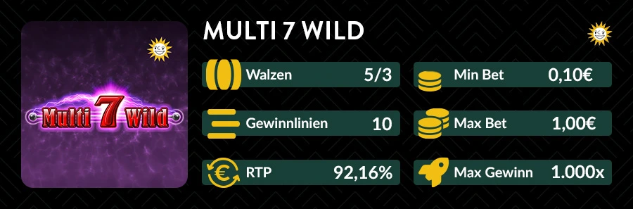 Slotübersicht Multi 7 Wild mit 5 Walzen, 10 Gewinnlinien und RTP von 92,16 %.