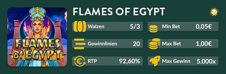 Flames of Egypt Slot mit 5 Walzen, 20 Gewinnlinien und bis zu 5.000x Gewinn.
