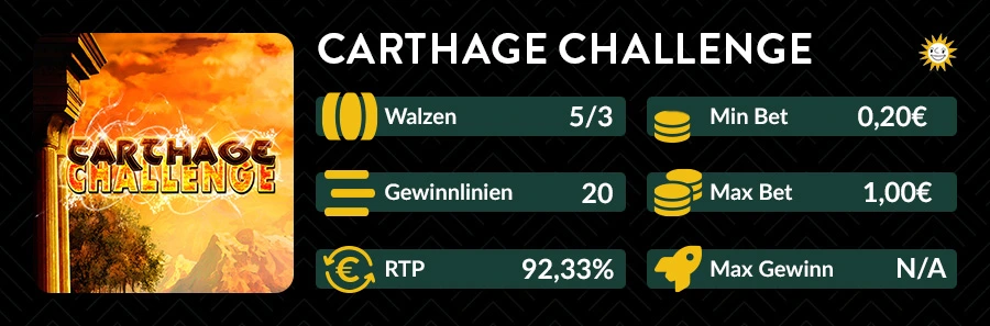 Carthage Challenge Slot mit 5x3 Walzen, 20 Linien und Antike-Theme.