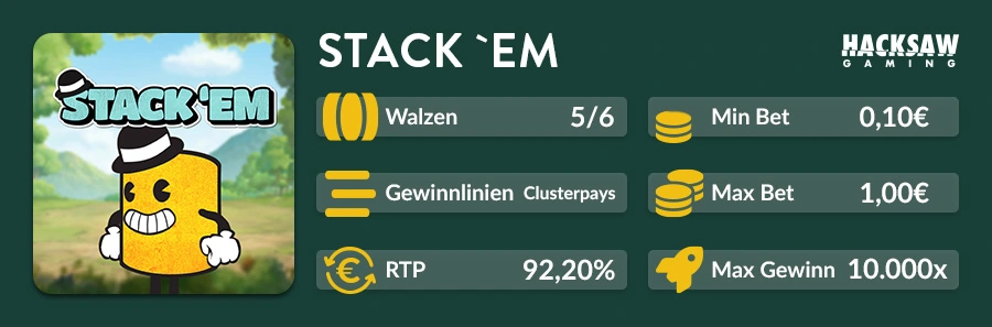 Übersicht des Stack’em Slots mit RTP, Clusterpay-System und maximalem Gewinn